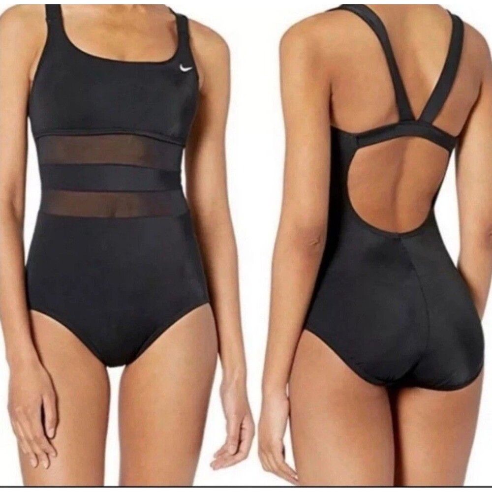 Nike Black Mesh Panel One Piece Swimsuit Women's Size L Athletic - Picture 2 of 12